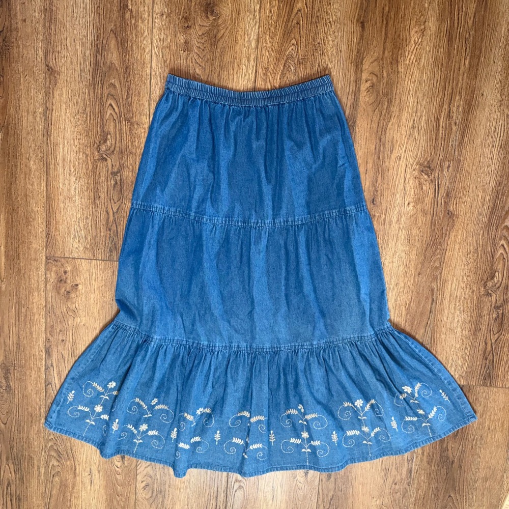 Passports Embroidered Denim Maxi Skirt XL Blue Cotton Tiered Boho Cottagecore